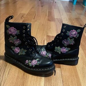 Dr. Martens Black Boots with Pink Floral Embroidery